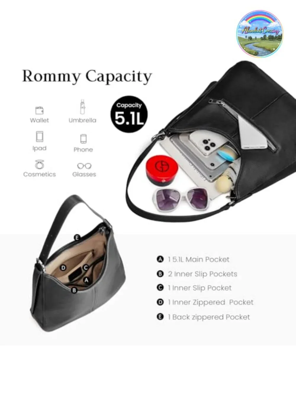 Genuine Leather Hobo Bag Adjustable Shoulder Strap Zipper Closure